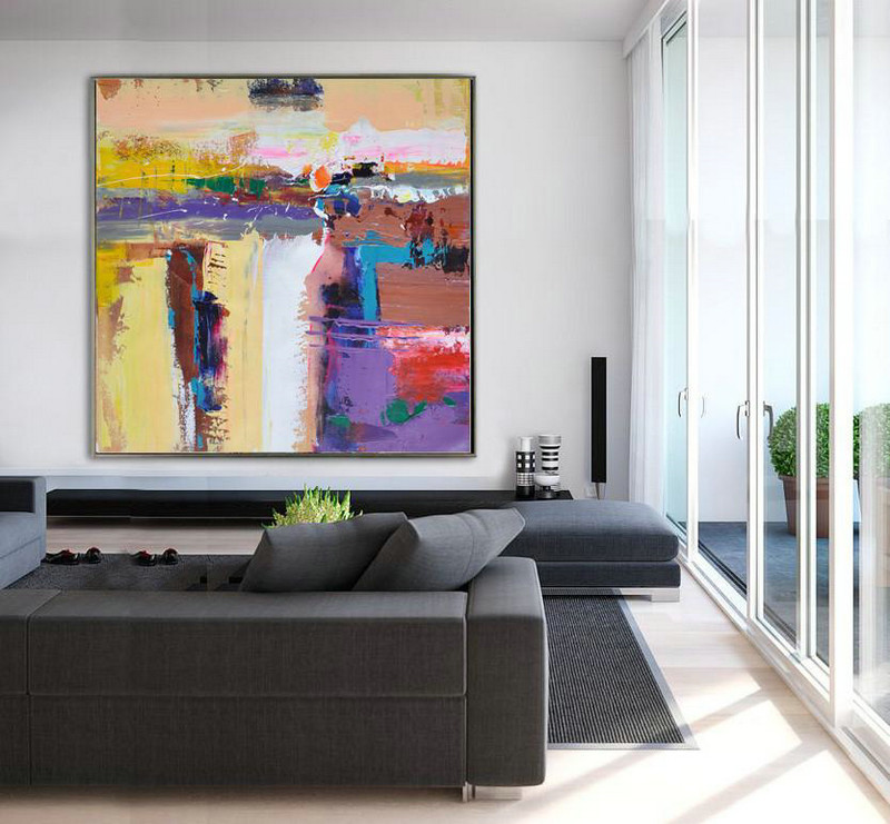 Oversized Palette Knife Painting Contemporary Art On Canvas,Large Abstract Wall Art,Yellow,Purple,Brown,Taupe